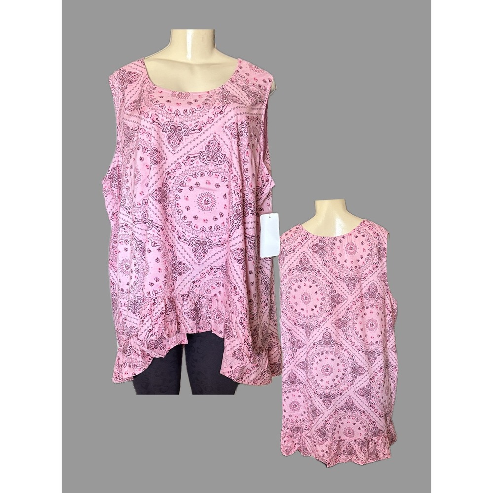 Chelsea Studio 22/24 1X Pink Paisley Bandana Ruffle Step Hem Sleeveless Blouse